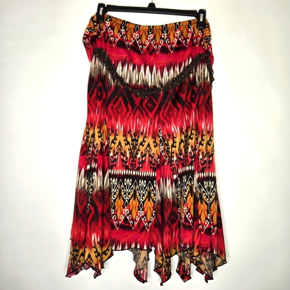 Fashion Bug Elastic Waist Aztez Multi Red Handerchief Skirt Beaded Belt Sz 2X